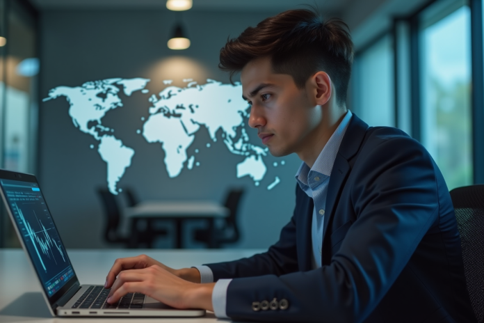 Jeune homme d'affaires regardant un ordinateur de trading