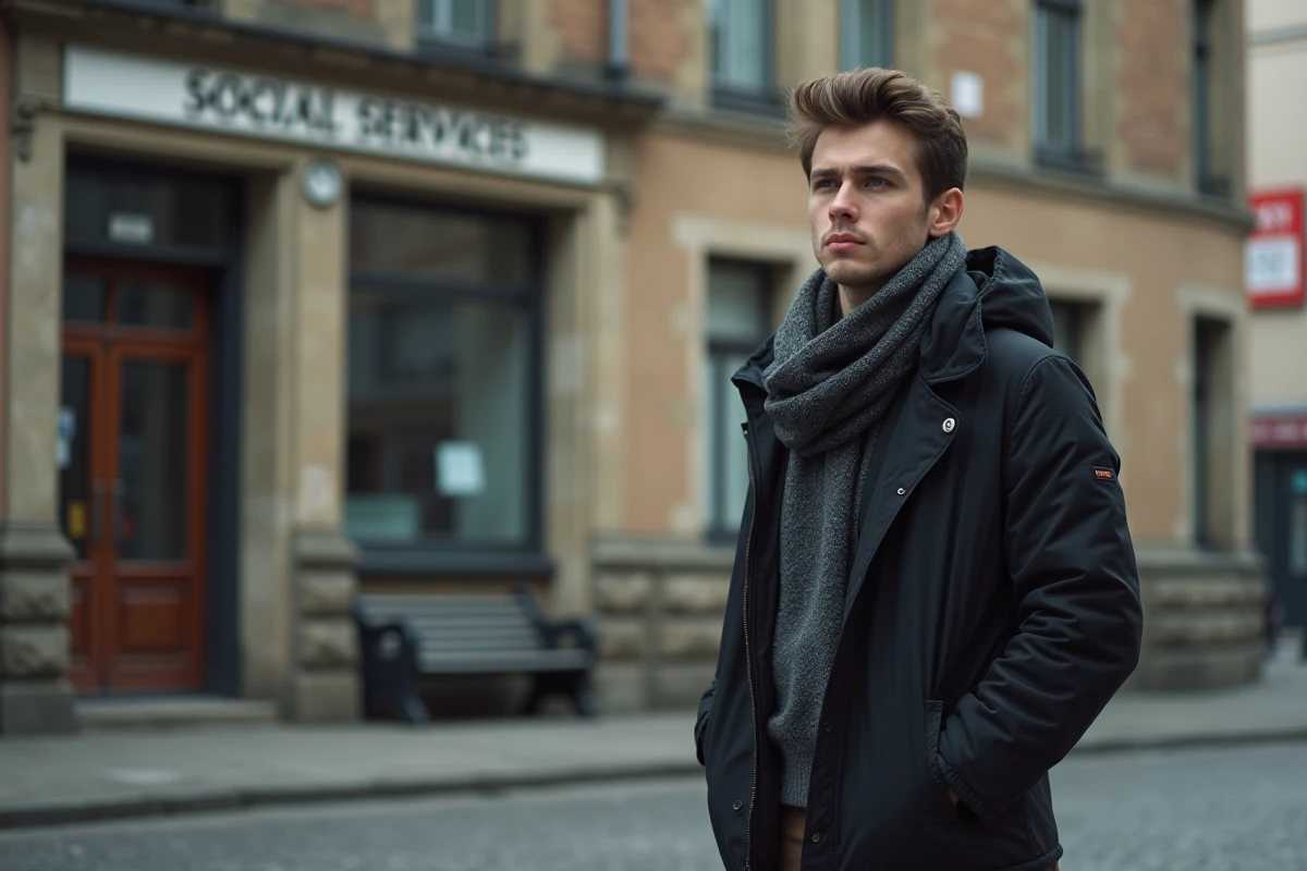 Jeune homme dans la ville près d un bâtiment social