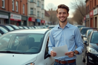 Jeune homme souriant près d'une voiture d'occasion en ville