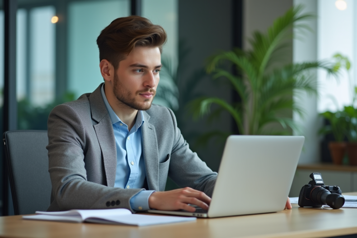 Jeune homme professionnel au bureau avec ordinateur