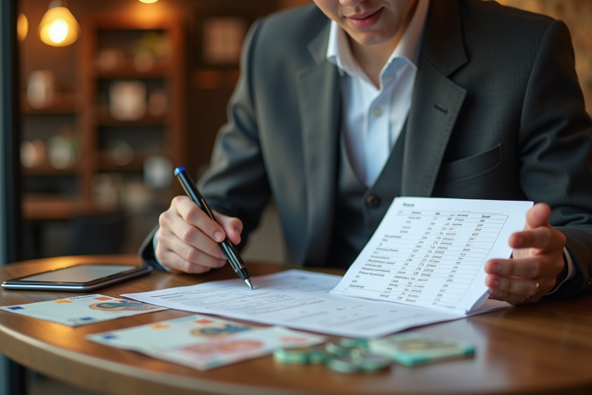 Jeune professionnel analysant un document de salaire au café