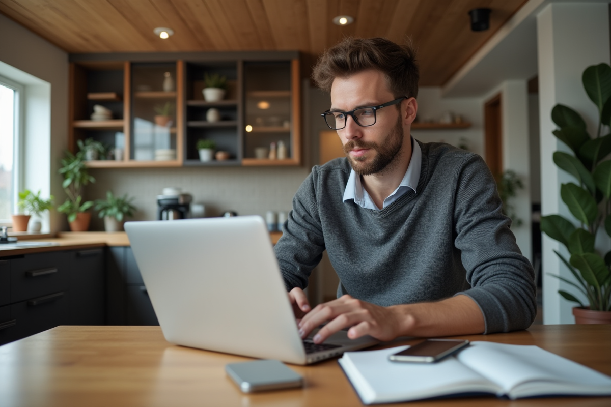 Jeune homme travaillant sur son ordinateur à la maison