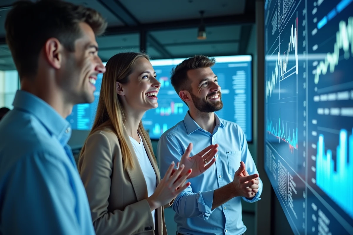 Jeunes analystes discutant devant un mur digital
