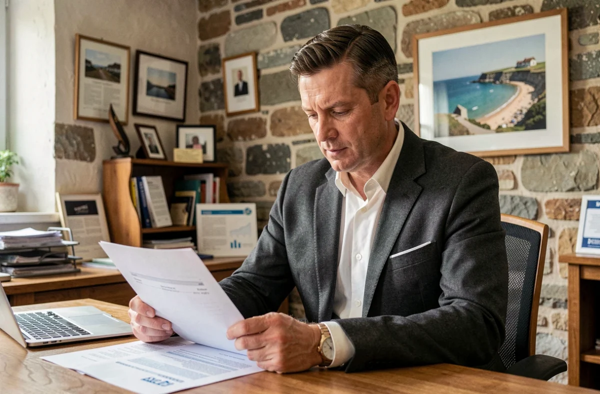 Un courtier local breton de KG Crédit examinant des dossiers d'assurance emprunteur dans son agence régionale