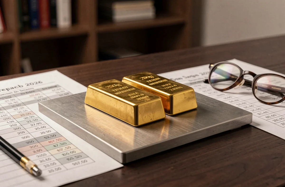 Deux lingots d'or 250g posés sur une surface en acier brossé entourés de tableaux de simulation de gains financiers pour 2026
