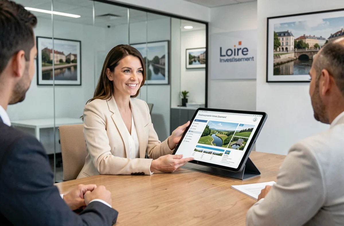 Consultante de Loire Investissement présentant un portefeuille immobilier à des clients dans un bureau contemporain
