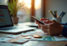 Mains tenant un smartphone avec une application Bitcoin sur un bureau lumineux