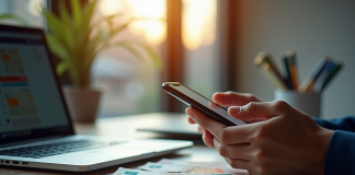 Mains tenant un smartphone avec une application Bitcoin sur un bureau lumineux