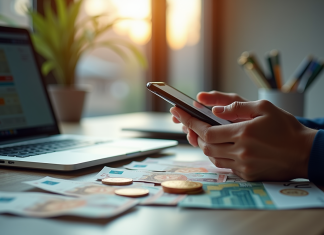 Retirer facilement du bitcoin en euros : étapes et conseils 2025 Mains tenant un smartphone avec une application Bitcoin sur un bureau lumineux