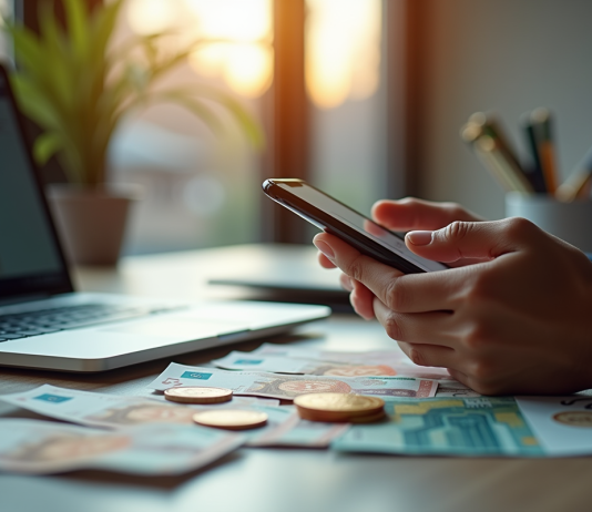 Mains tenant un smartphone avec une application Bitcoin sur un bureau lumineux