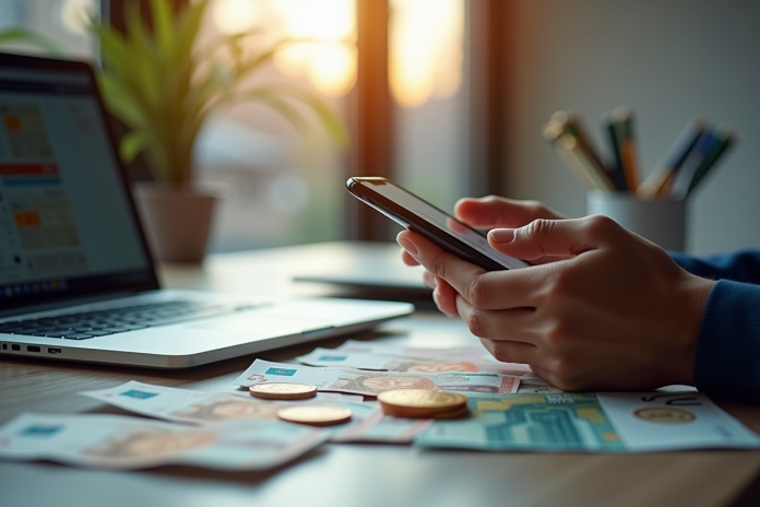 Mains tenant un smartphone avec une application Bitcoin sur un bureau lumineux
