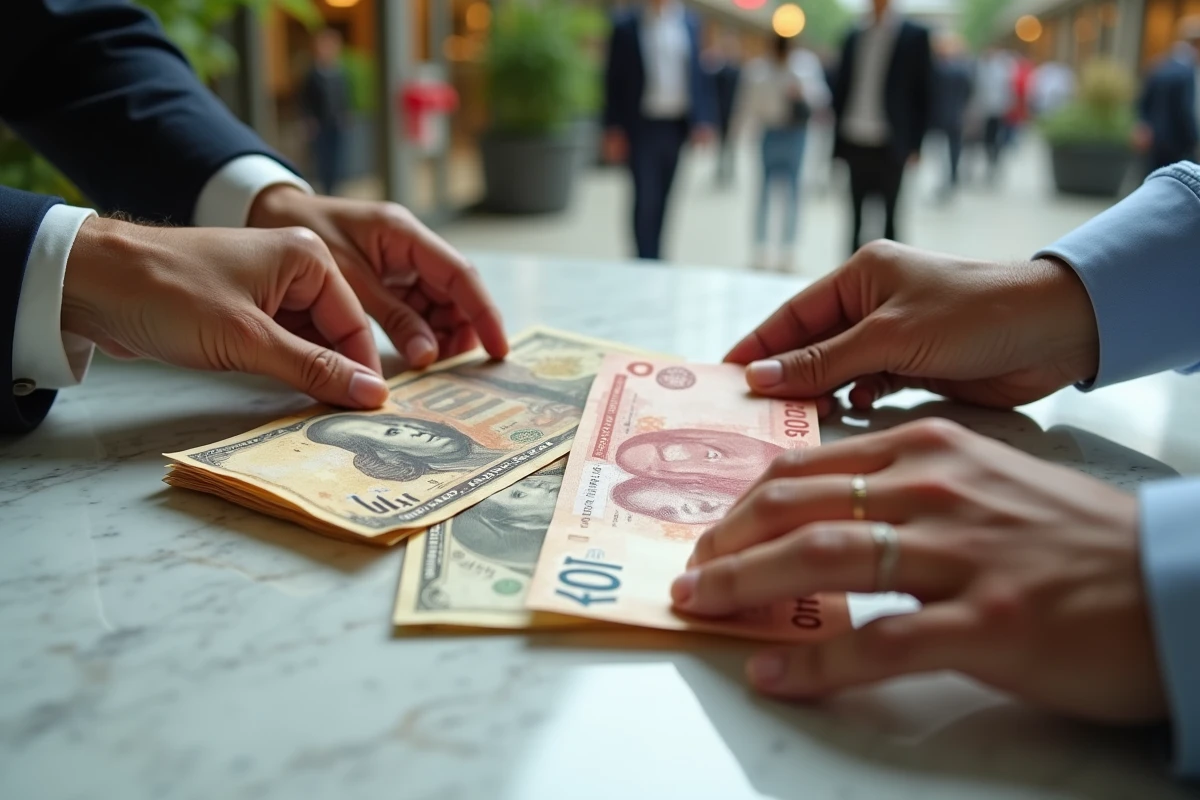 Trois mains sur des billets de différentes devises en gros plan