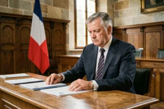 Maire en costume assis à son bureau de l'hôtel de ville en train d'étudier des documents officiels sur ses droits à la retraite et ses protections sociales