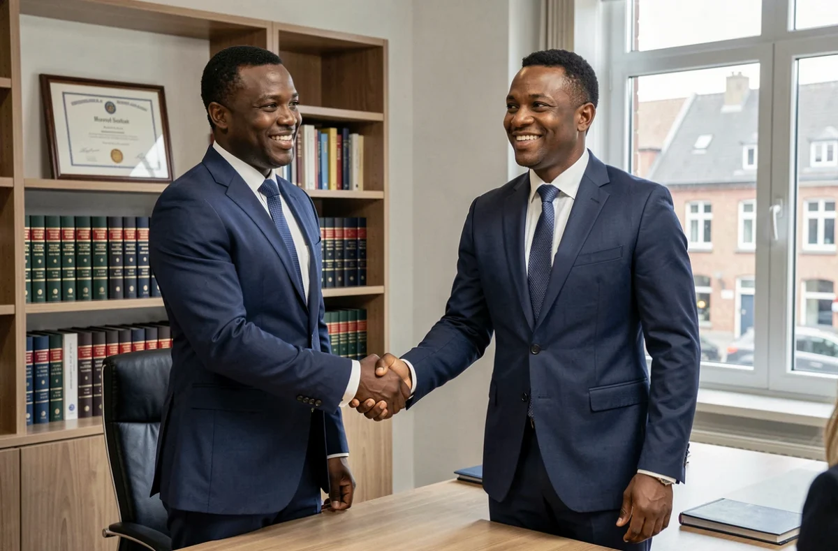 Maître Kone, notaire à Metz, accueillant un client avec une poignée de main dans son office notarial moderne