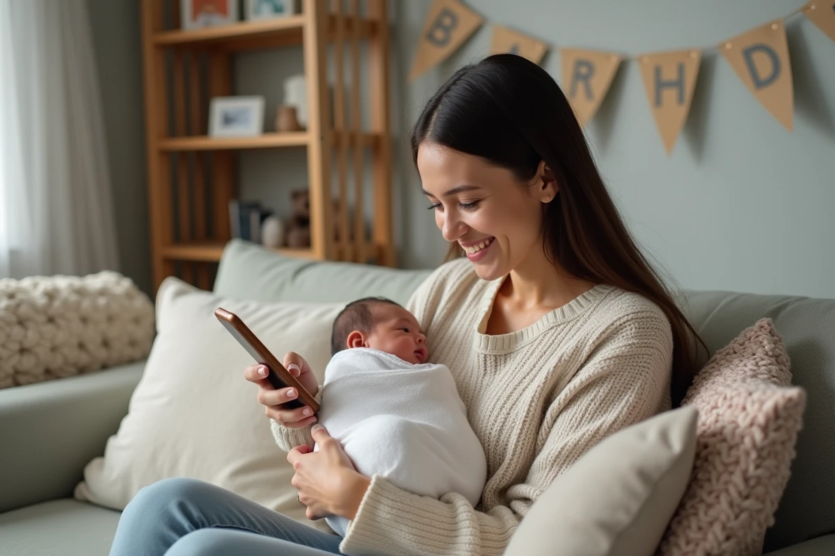 Maman souriante tenant son bébé et son téléphone