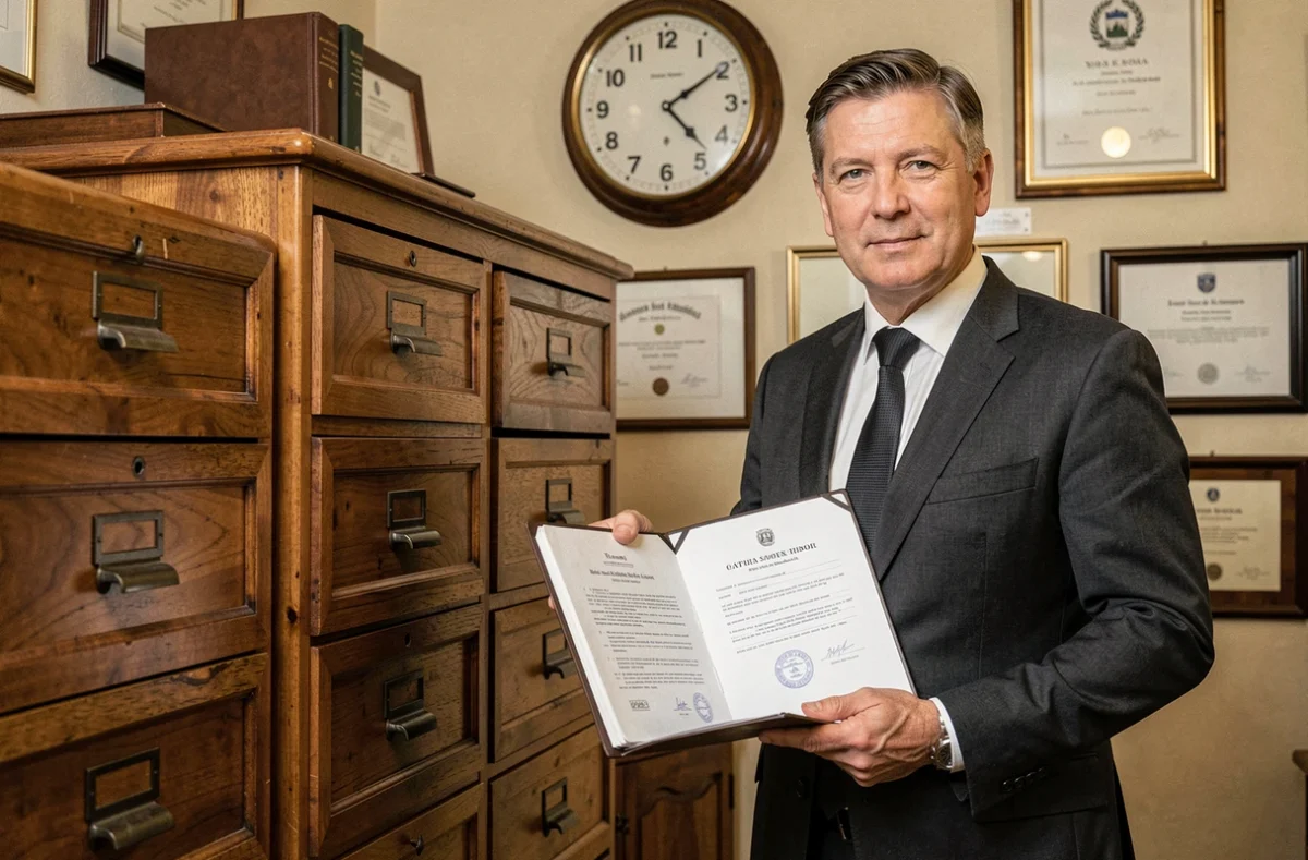 Marquet Antoine notaire debout dans son étude provinciale tenant des documents officiels tamponnés avec certificats encadrés