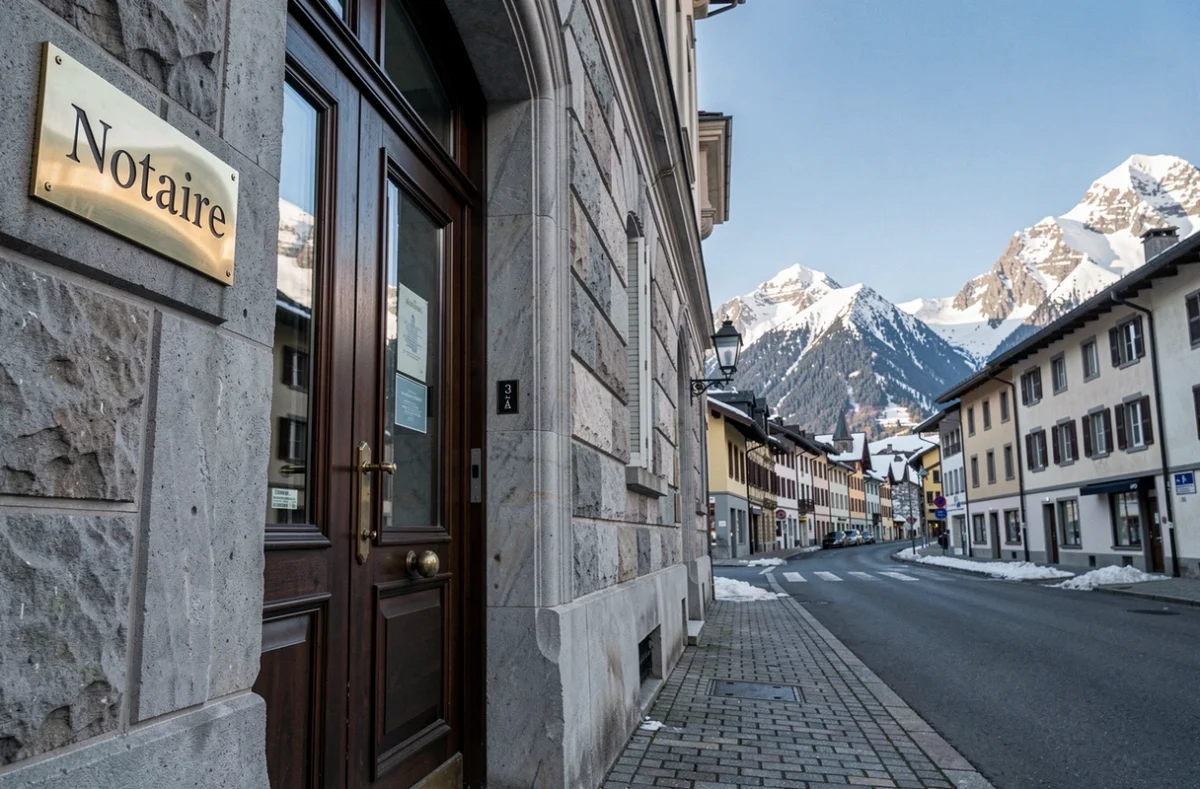 Entrée d'un office notarial en Haute-Savoie avec façade en pierre et plaque en laiton, montagnes enneigées en arrière-plan