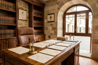 Bureau de notaire en Moselle avec documents officiels, livres juridiques et cachet notarial sur un bureau en chêne