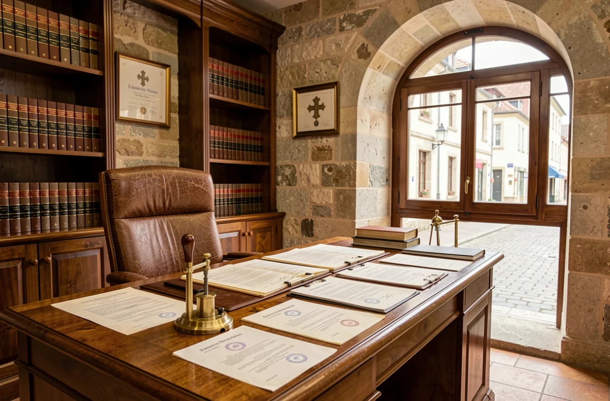 Bureau de notaire en Moselle avec documents officiels, livres juridiques et cachet notarial sur un bureau en chêne