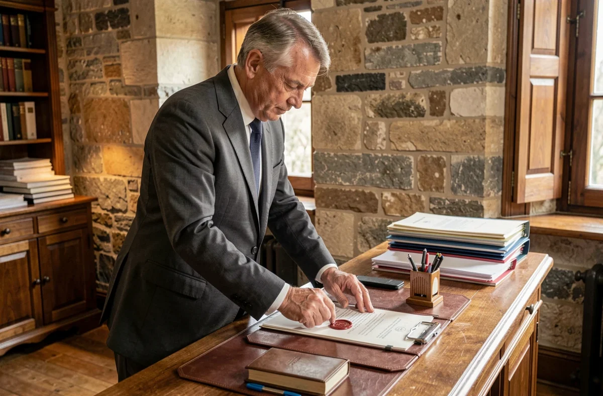 Notaire Coumes Thierry à Metz apposant un cachet de cire sur un acte notarial courant dans son office traditionnel