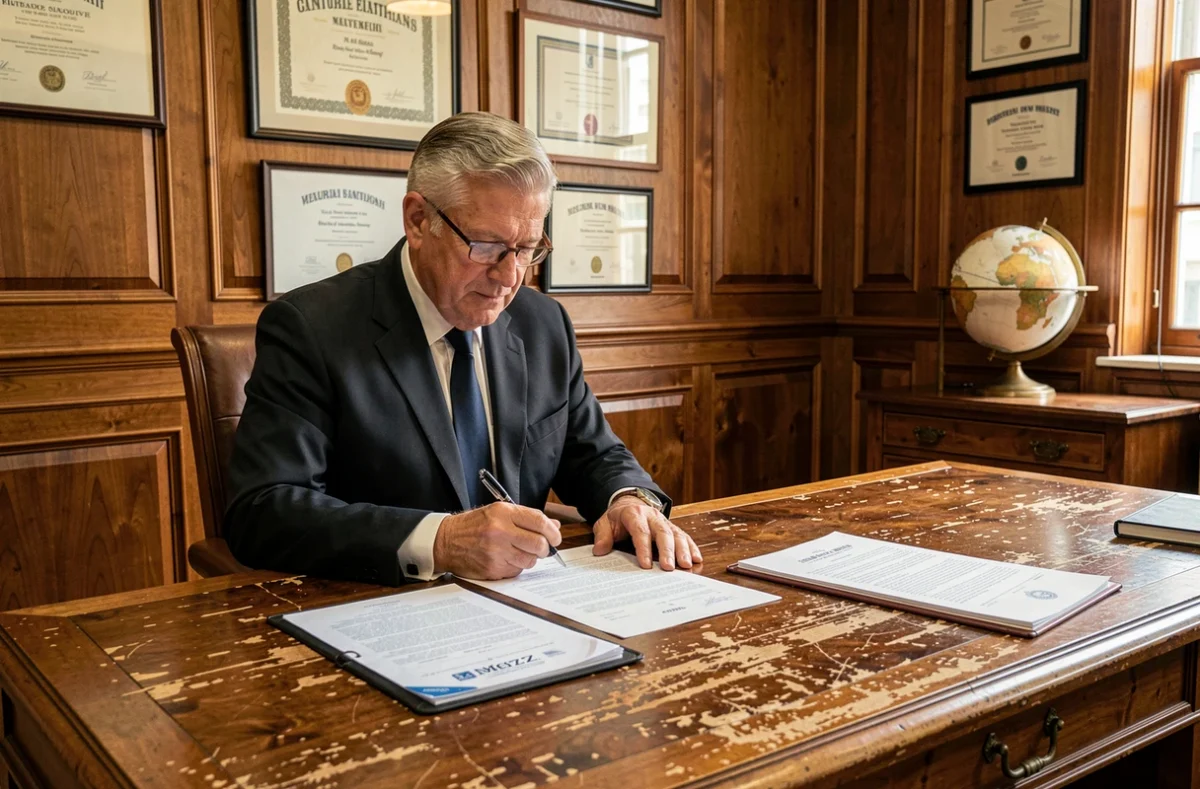 Notaire Lenne Claude à Metz en droit des affaires examinant un contrat commercial dans un bureau distingué