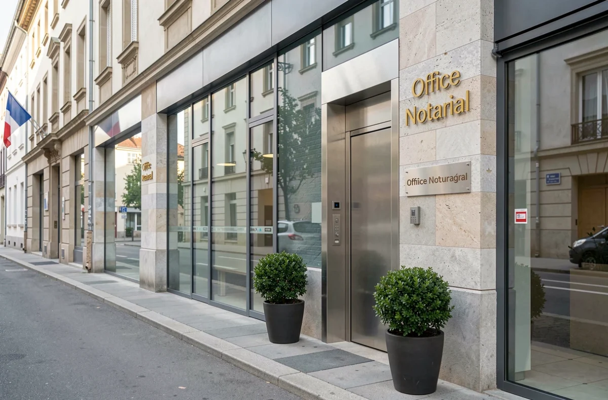 Office notarial de Florange au 4 rue de Bourgogne avec façade moderne en verre et pierre et enseigne en lettres dorées