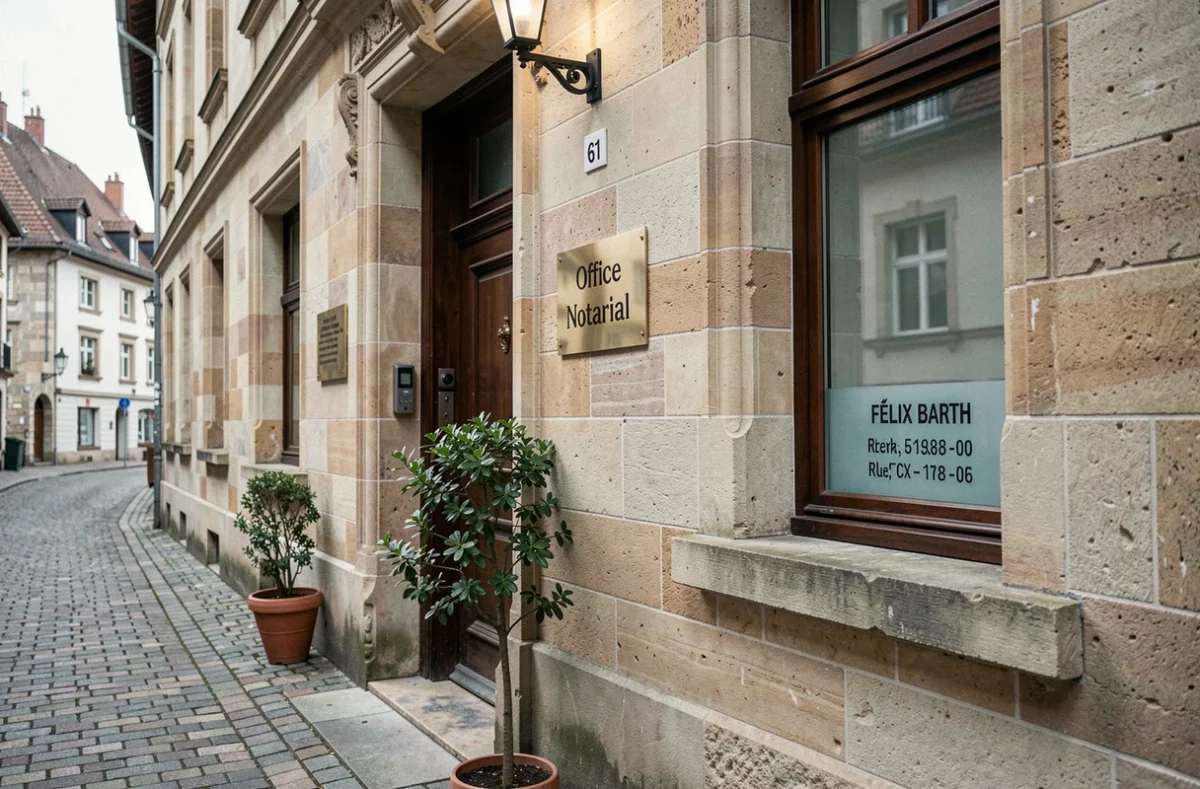 Façade de l'office notarial de Forbach au 61 rue Félix Barth avec plaque en laiton et porte en bois traditionnelle