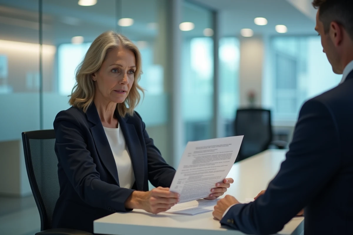 Cliente dans une agence bancaire consultant un conseiller pour une opposition sur compte ou carte bancaire