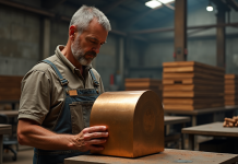 Ouvrier de fonderie homme examinant un lingot de bronze brillant