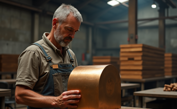 Éléments influençant le prix du kilo de bronze en 2025 Ouvrier de fonderie homme examinant un lingot de bronze brillant
