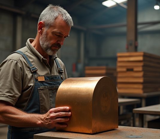 Ouvrier de fonderie homme examinant un lingot de bronze brillant