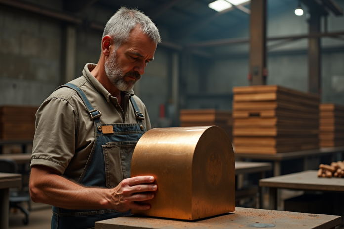 Ouvrier de fonderie homme examinant un lingot de bronze brillant