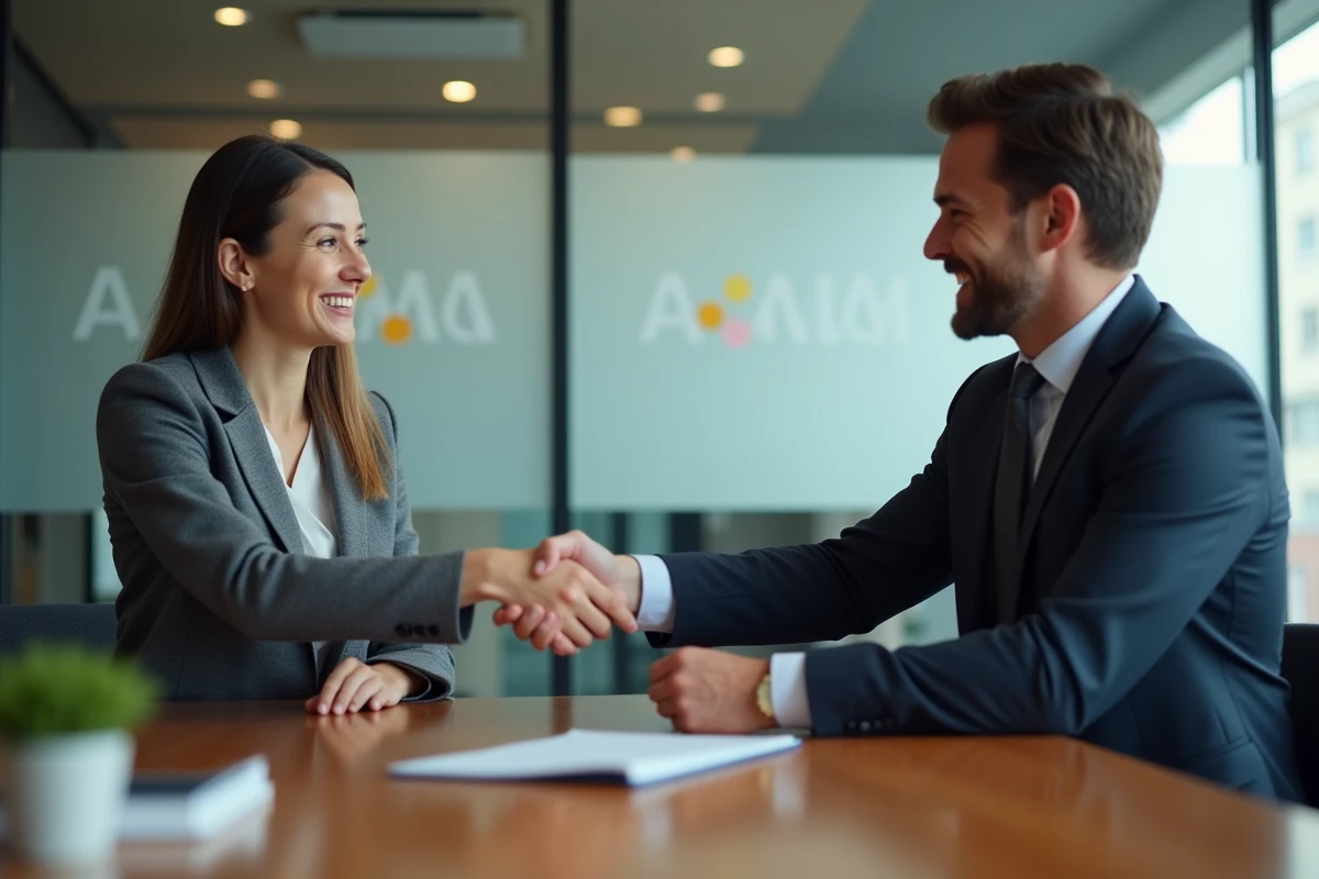 Courtière et représentant AXA scellant un partenariat professionnel grâce à la plateforme inaxa Courtage
