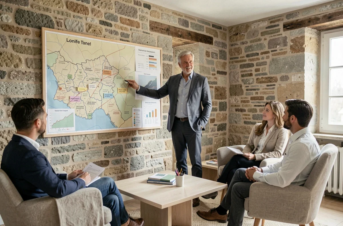 Conseiller indépendant de Patrimoine Loire Conseil discutant des opportunités d'investissement dans la région du Val de Loire avec des clients