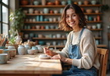 10 idées de bons cadeaux d’ateliers à vivre dans la capitale Femme souriante peignant des motifs sur céramique dans un atelier lumineux