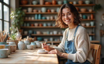 10 idées de bons cadeaux d’ateliers à vivre dans la capitale Femme souriante peignant des motifs sur céramique dans un atelier lumineux