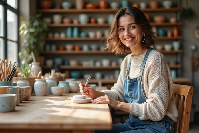 Femme souriante peignant des motifs sur céramique dans un atelier lumineux