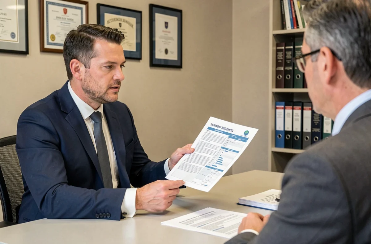 Conseiller en gestion de patrimoine de la SARL Penicaud Patrimoine dans son bureau à Orléans examinant un rapport financier avec un client