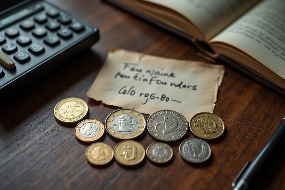 Pièces de francs français et d'euros disposées en flat lay avec note de conversion manuscrite sur bureau en bois