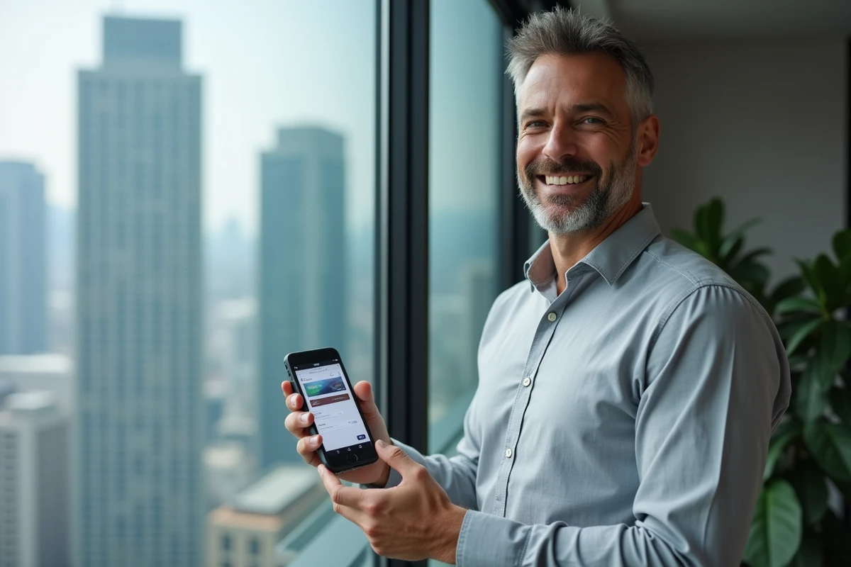 Homme consultant les paramètres de plafond de carte bancaire sur une application mobile de gestion de compte