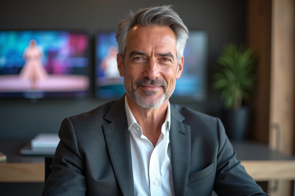 Portrait d'un animateur de jeu télévisé en blazer gris devant un écran de studio, évoquant les rémunérations des célébrités du petit écran