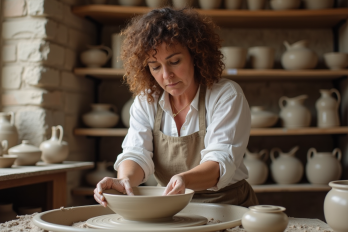 poterie-femme-argile-paris Femme de moyenne age façonnant une bol avec de l'argile dans un atelier parisien