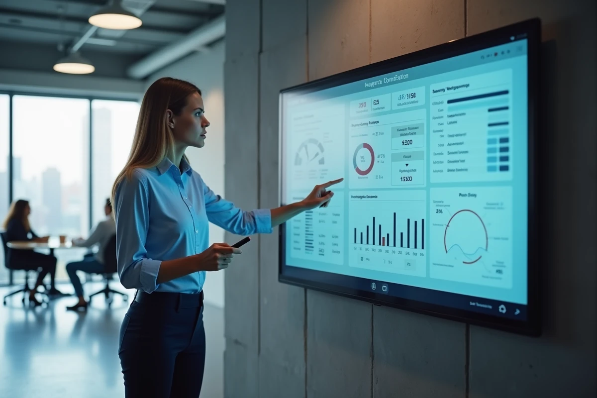 Professionnelle en assurance présentant le tableau de bord numérique inaxa Courtage à son équipe