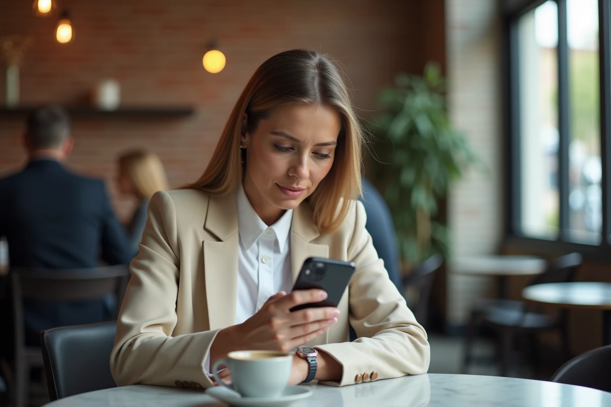 Femme consultant une offre de prêt trésorerie en ligne sur son smartphone dans un café
