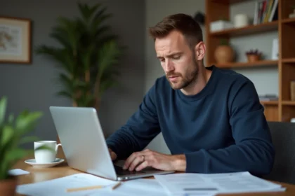 Homme consultant un prêt trésorerie sans justificatif en ligne sur son ordinateur portable à domicile