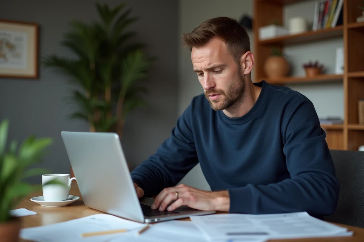 Homme consultant un prêt trésorerie sans justificatif en ligne sur son ordinateur portable à domicile