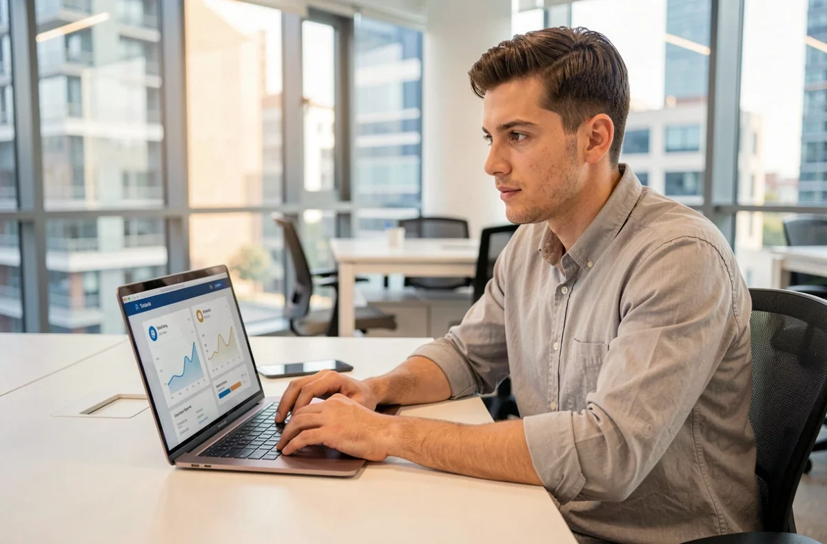 Un jeune conseiller fintech comparant des offres d'assurance emprunteur sur une interface numérique moderne