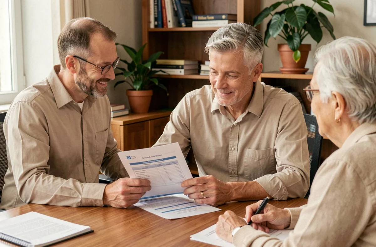 Un conseiller en prévoyance et assurance emprunteur de Prevoya expliquant un contrat à un couple de clients