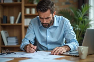 Homme consultant sa fiche de paie et ses documents fiscaux à son bureau à domicile, illustrant l'impact de la prime Macron sur le net imposable