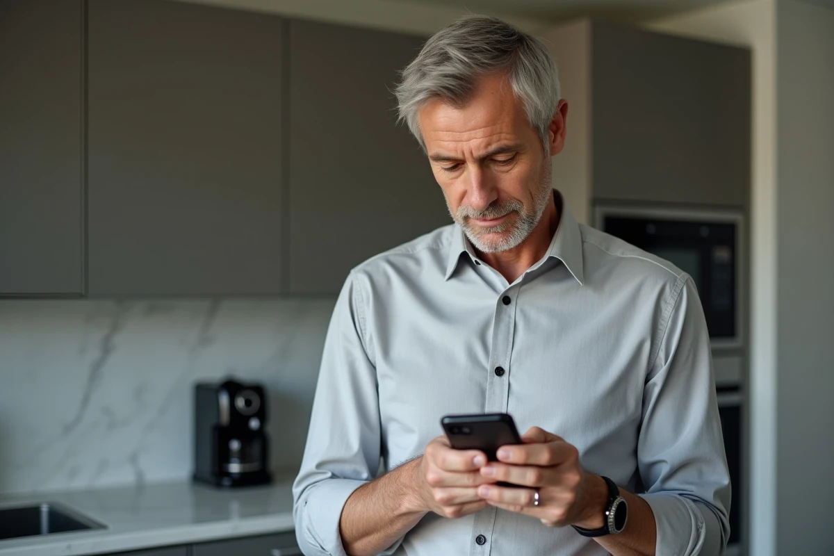 Homme consultant son smartphone pour résoudre un problème de connexion à son compte BNP Banque Privée
